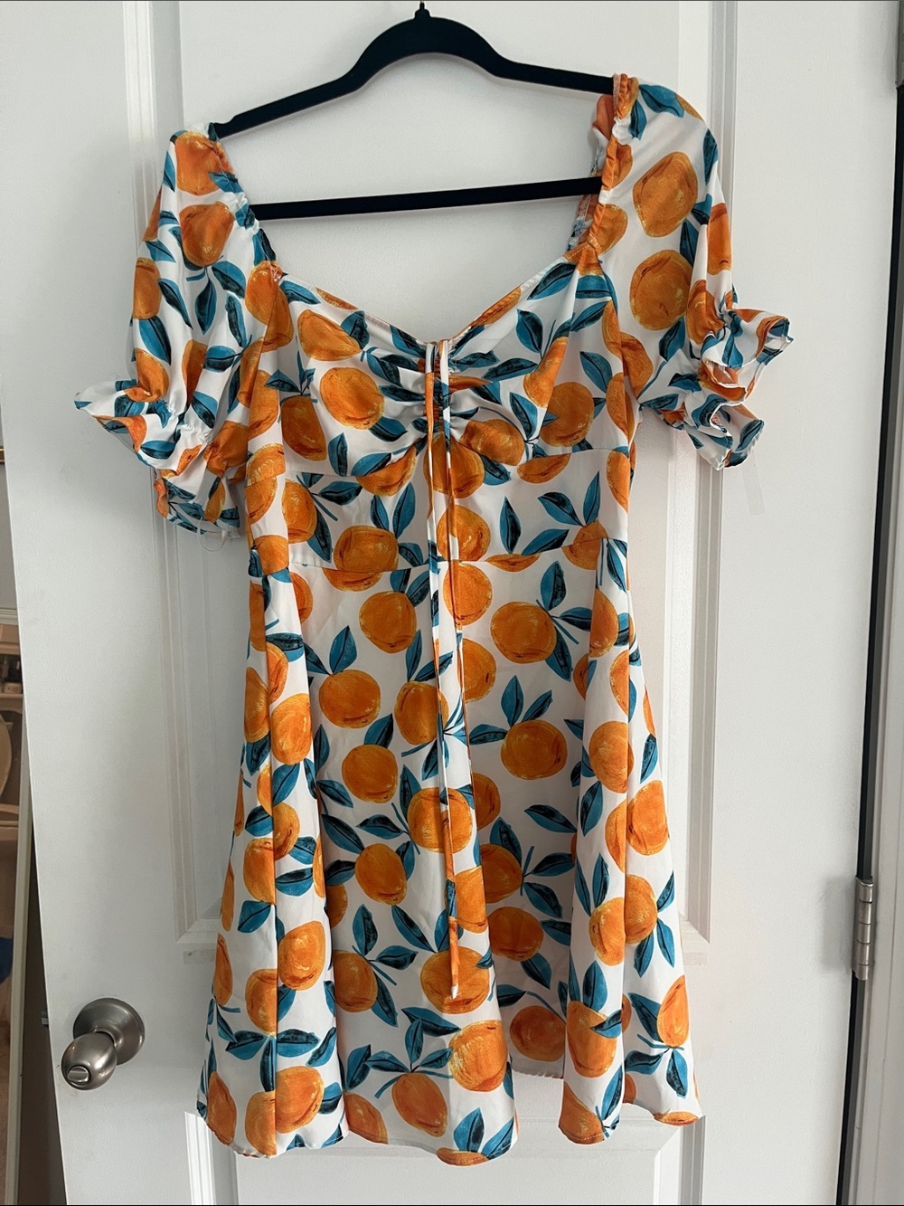 White Orange-Print Short Sleeve Summer Dress